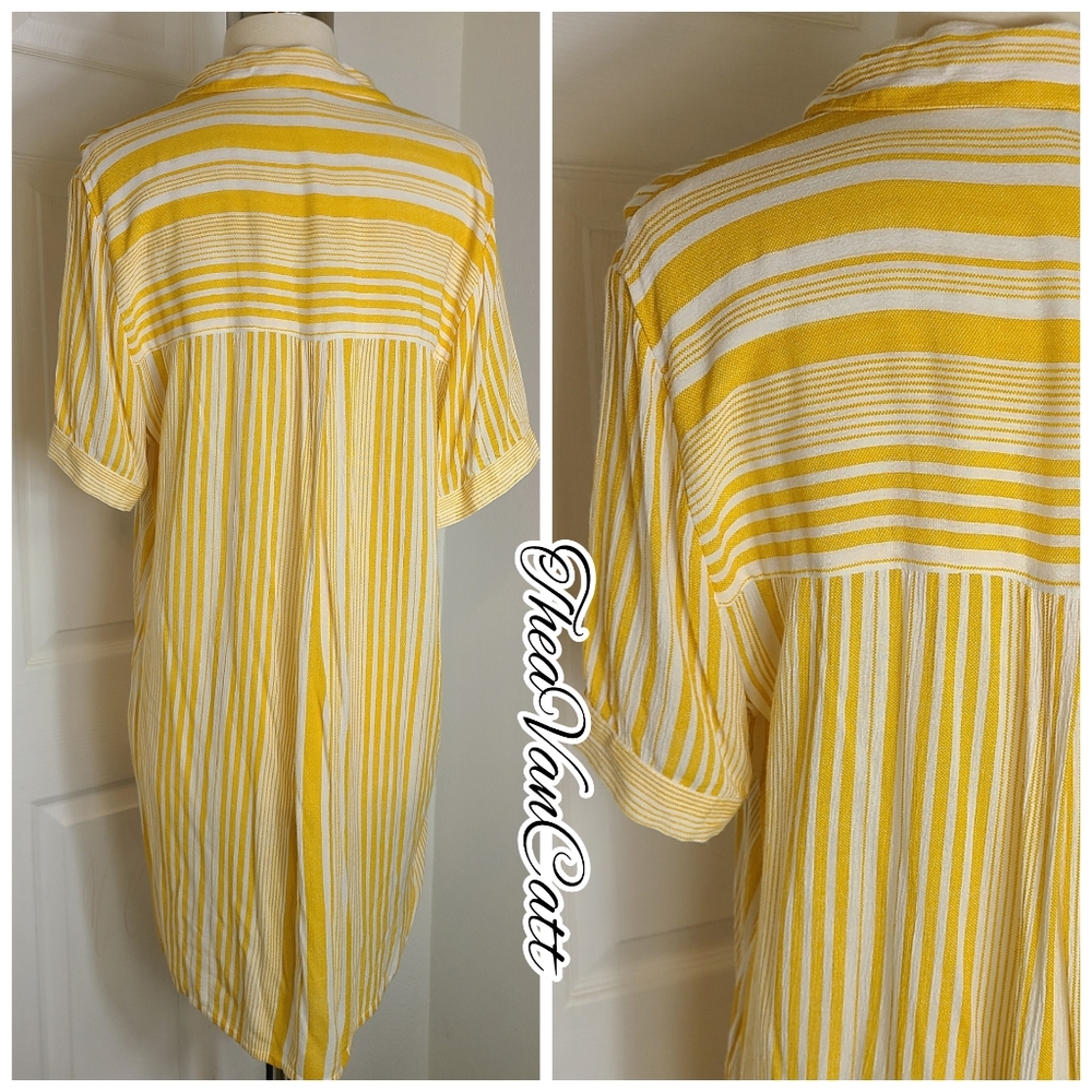 Forever 21 retro yellow stripes short sleeve button down relaxed fit shirt dress - Picture 6 of 8